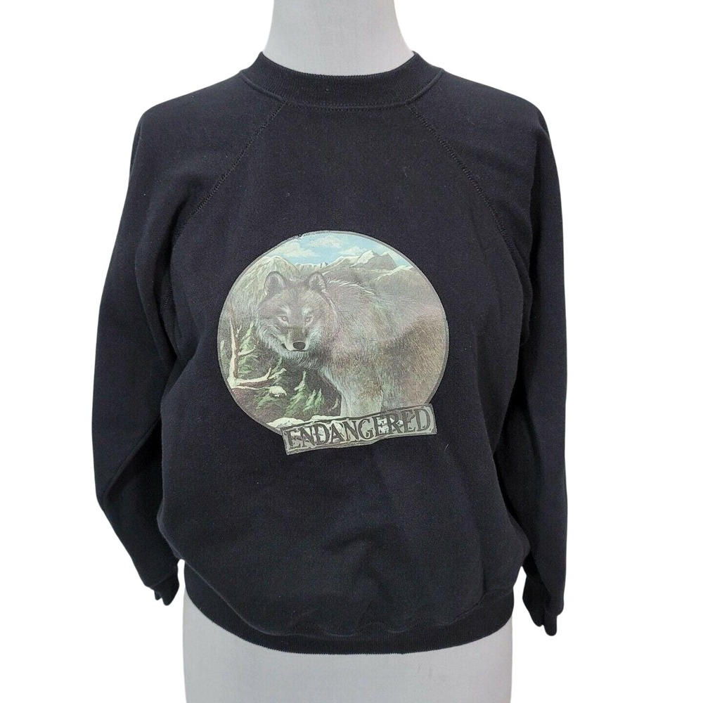Vintage Hanes Her Way Wolf Endangered‎ Graphic Sweatshirt Black Large 90s USA